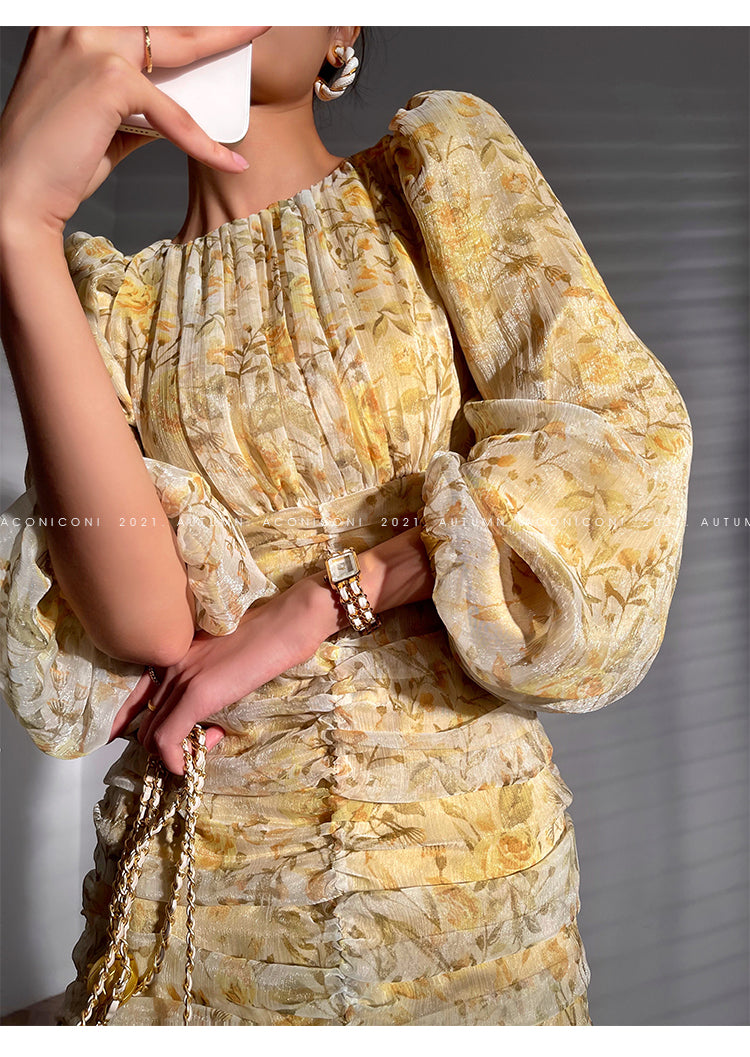 Aconiconi|French floral fishtail midi dress- butter