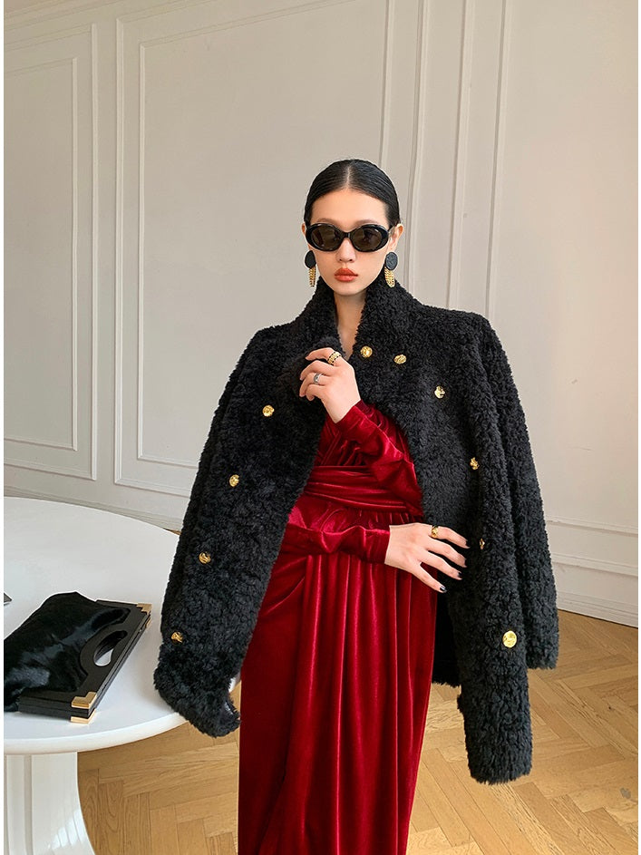 Brown WANXO French red pleated velvet dress new gold-like waist bottoming skirt- Winny