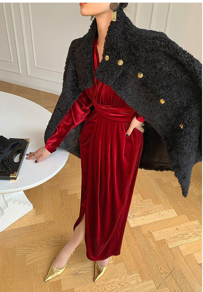 Brown WANXO French red pleated velvet dress new gold-like waist bottoming skirt- Winny