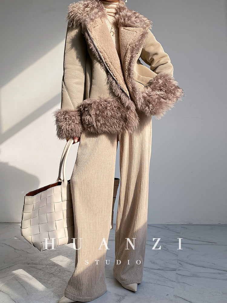 Huanzi custom craft winter fur one-piece wool lamb collar leather jacket - Sioed