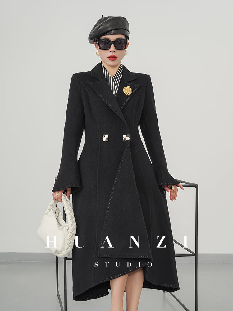 Huanzi custom double-sided cashmere coat women's black woolen coat fishtail slim fit and thin- Baty