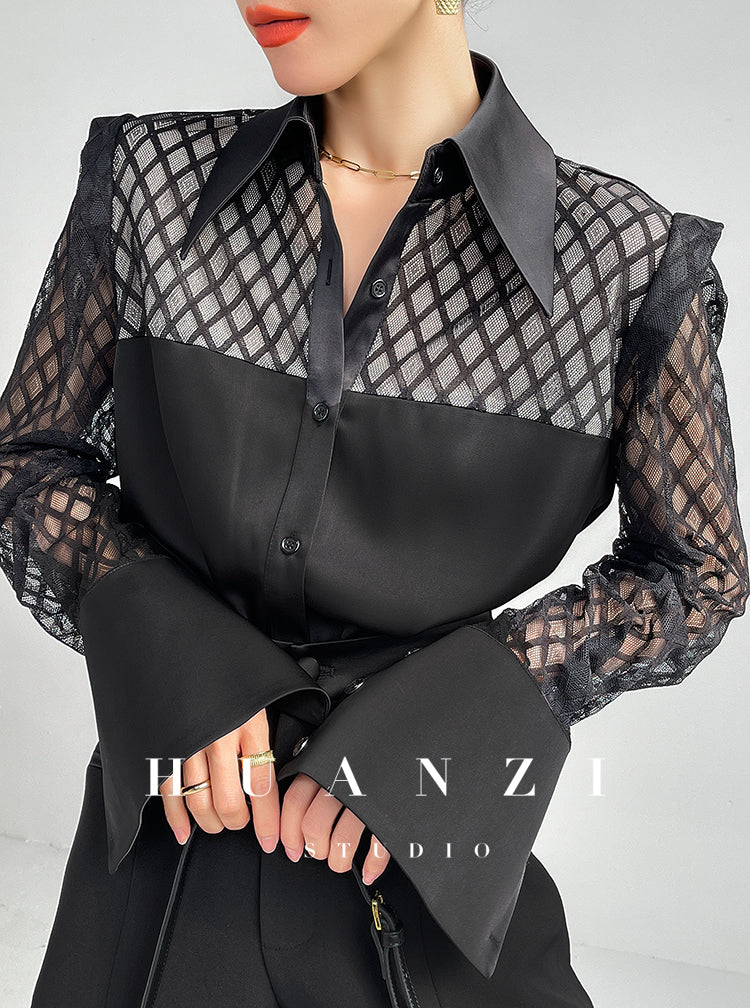Huanzi high end custom lace plaid satin angle shoulder shirt - Bisrs