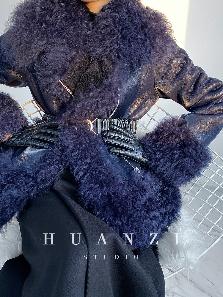 Huanzi custom craft winter fur one-piece wool lamb collar leather jacket - Sioed