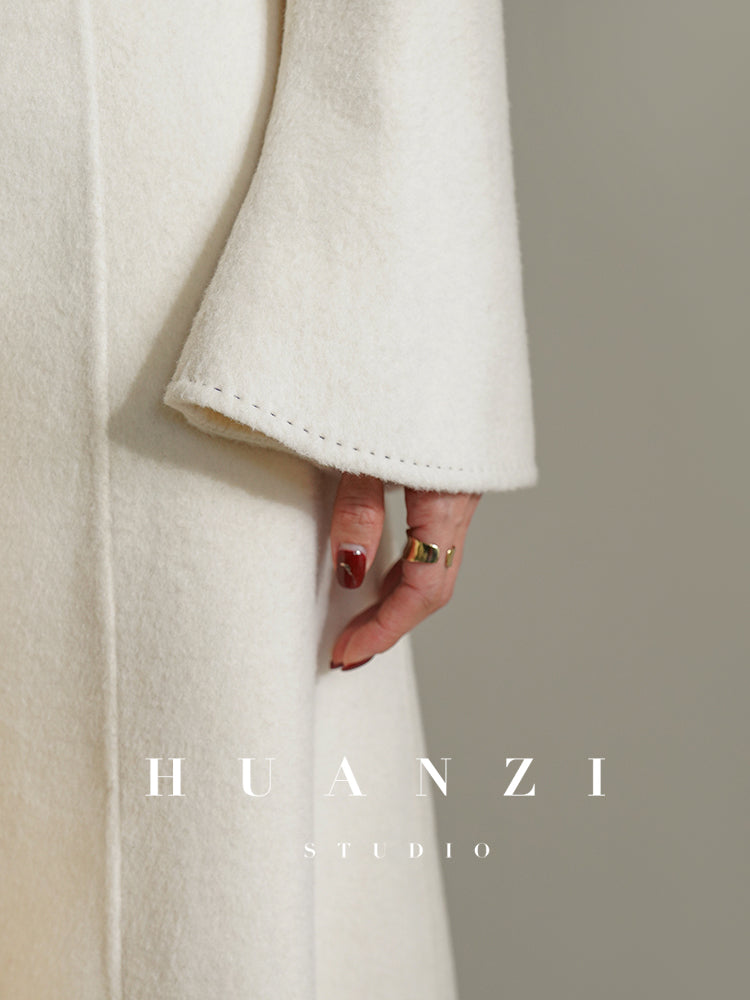 Huanzi custom double-sided cashmere coat women's black woolen coat fishtail slim fit and thin- Baty