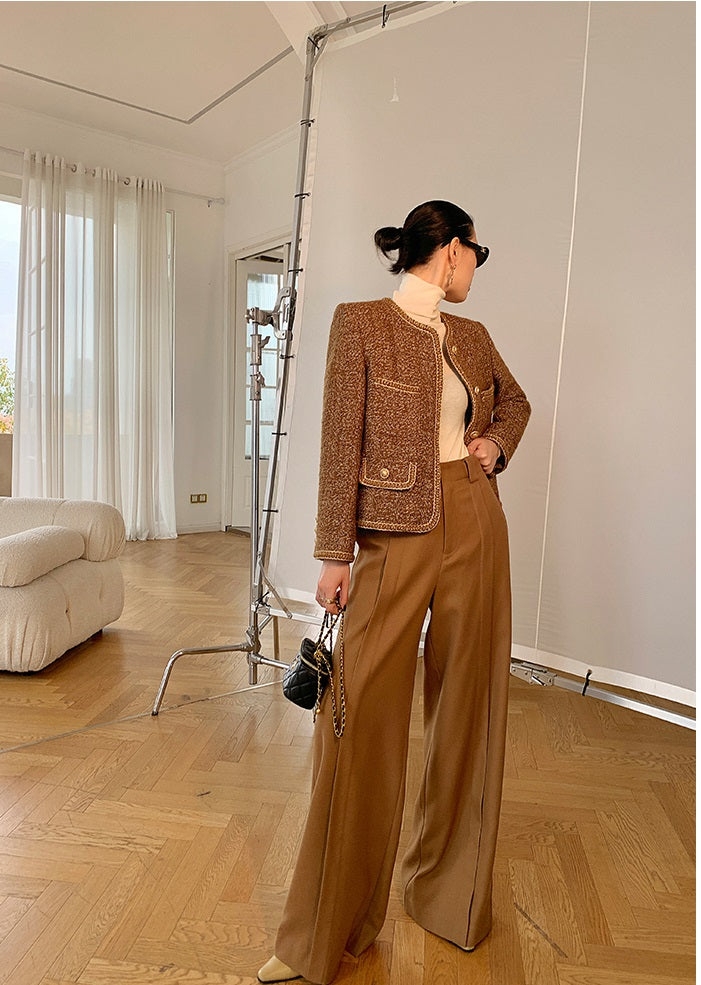 WANXO camel high waist drooping casual pants new straight loose wide leg pants- Tela