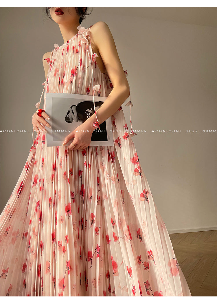 Aconiconi|Flower heavy pleated French romantic vacation style loose sling midi dress - chimes