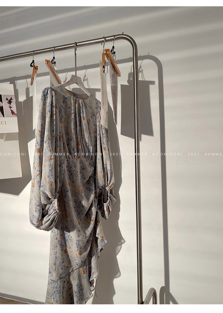 Aconiconi|high-end French tea floral printed elegant lantern sleeve midi dress - Nila