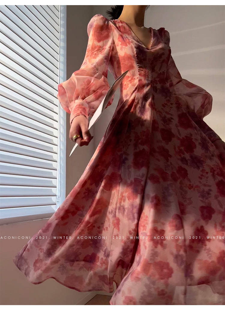 Aconiconi|Romantic French print luxury handmade haute couture beaded v-neck midi dress - Pilore