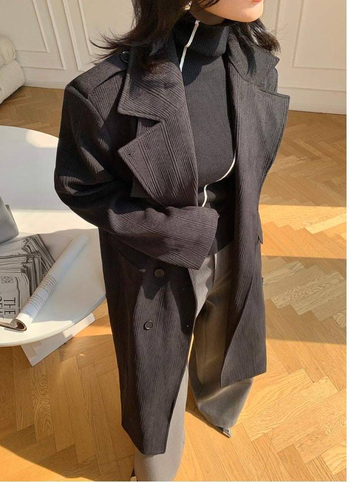 Black WANXO color stand collar corduroy coat new loose medium and long woolen coat- Sala