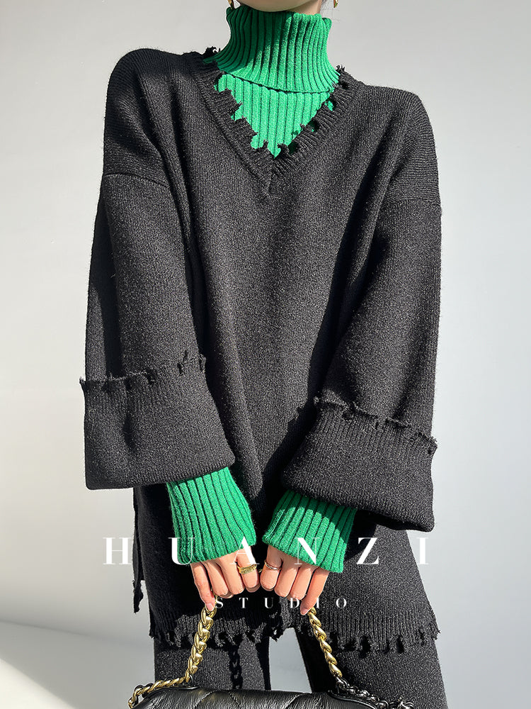 High end pile collar knitted turtleneck sweater -Sulia Painting Green