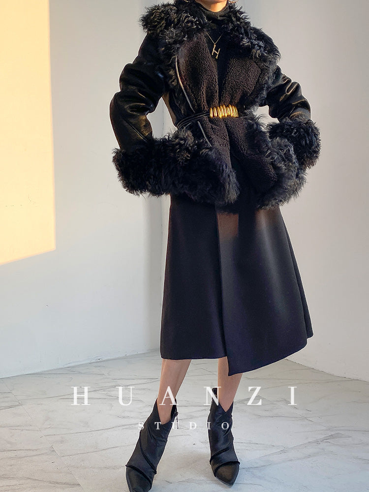 Huanzi custom craft winter fur one-piece wool lamb collar leather jacket - Sioed