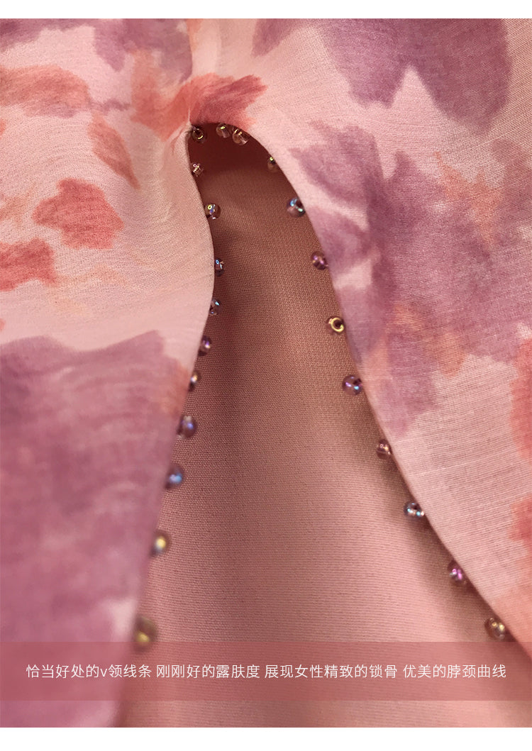 Aconiconi|Romantic French print luxury handmade haute couture beaded v-neck midi dress - Pilore