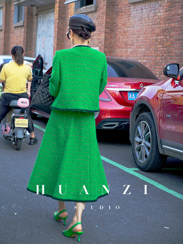 Huanzi tweed wool small suit autumn and winter new green short coat suit set- Lilibeth