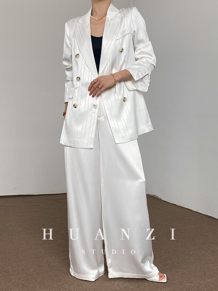 Huanzi high end tri-acetic satin drape high-end suit white silk blazer suit -Bioba
