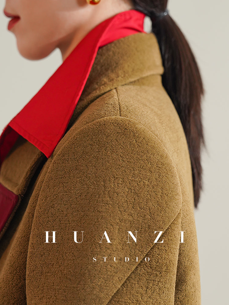 Huanzi non-ironing technology short retro fur coat mid-length windbreaker suit jacket- Nina