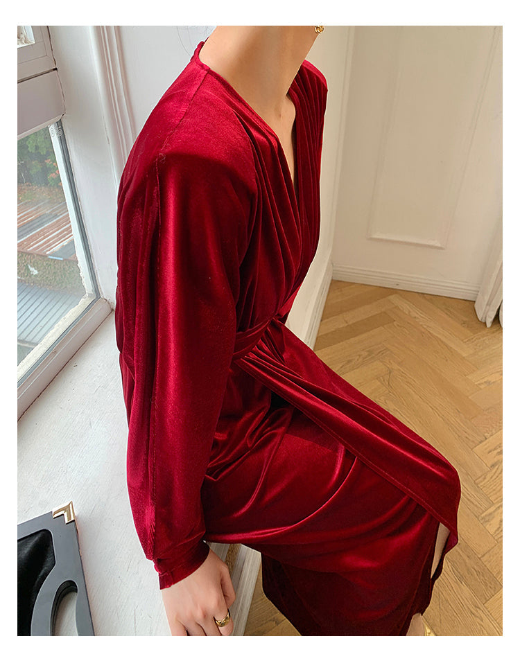 Brown WANXO French red pleated velvet dress new gold-like waist bottoming skirt- Winny