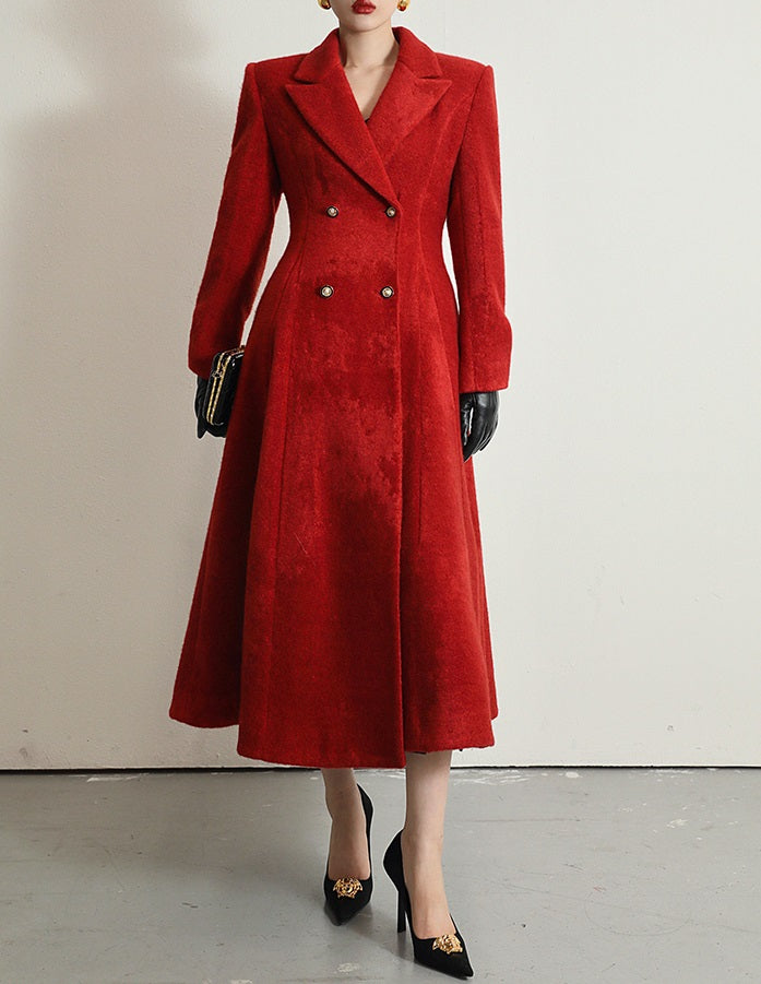 WANXO French red Hepburn style woolen coat new waist and thin long woolen coat- Crissy