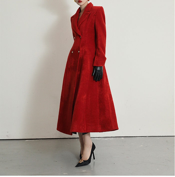 WANXO French red Hepburn style woolen coat new waist and thin long woolen coat- Crissy