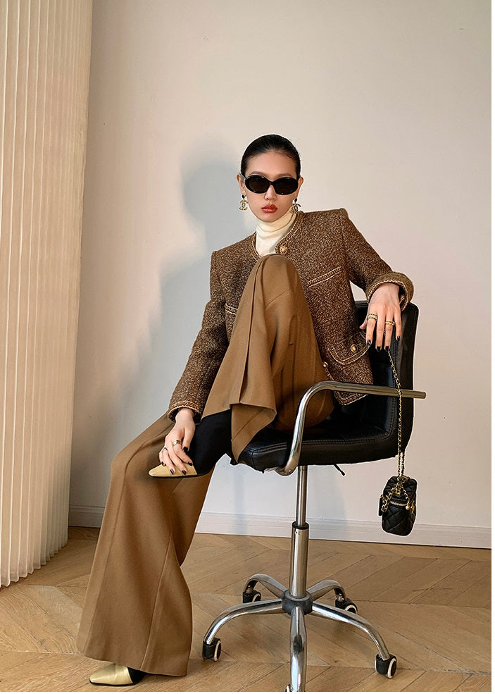 WANXO camel high waist drooping casual pants new straight loose wide leg pants- Tela