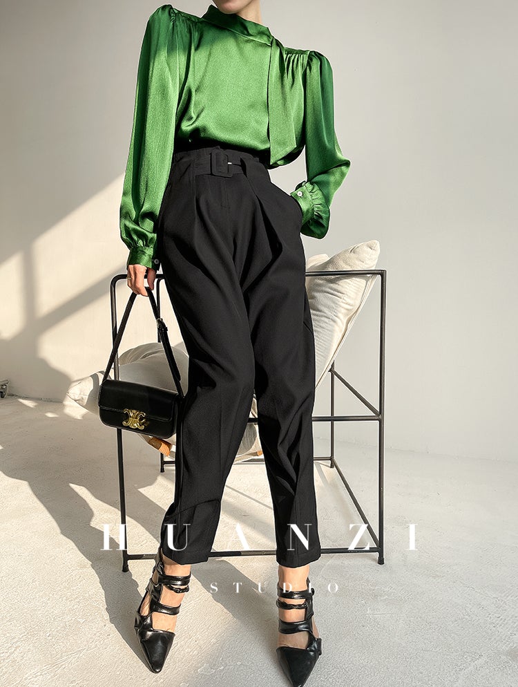 Huanzi new puff sleeves silk satin shirts top blouse - Oitr