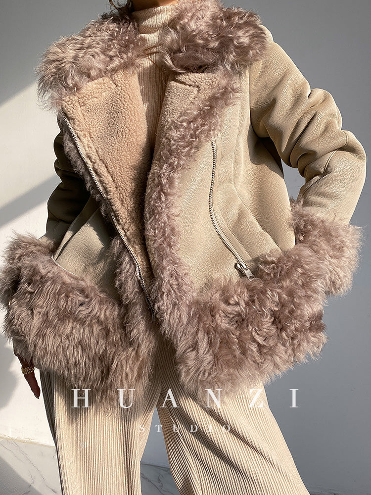 Huanzi custom craft winter fur one-piece wool lamb collar leather jacket - Sioed