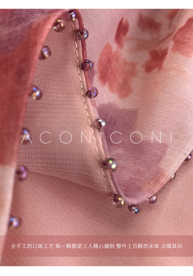 Aconiconi|Romantic French print luxury handmade haute couture beaded v-neck midi dress - Pilore