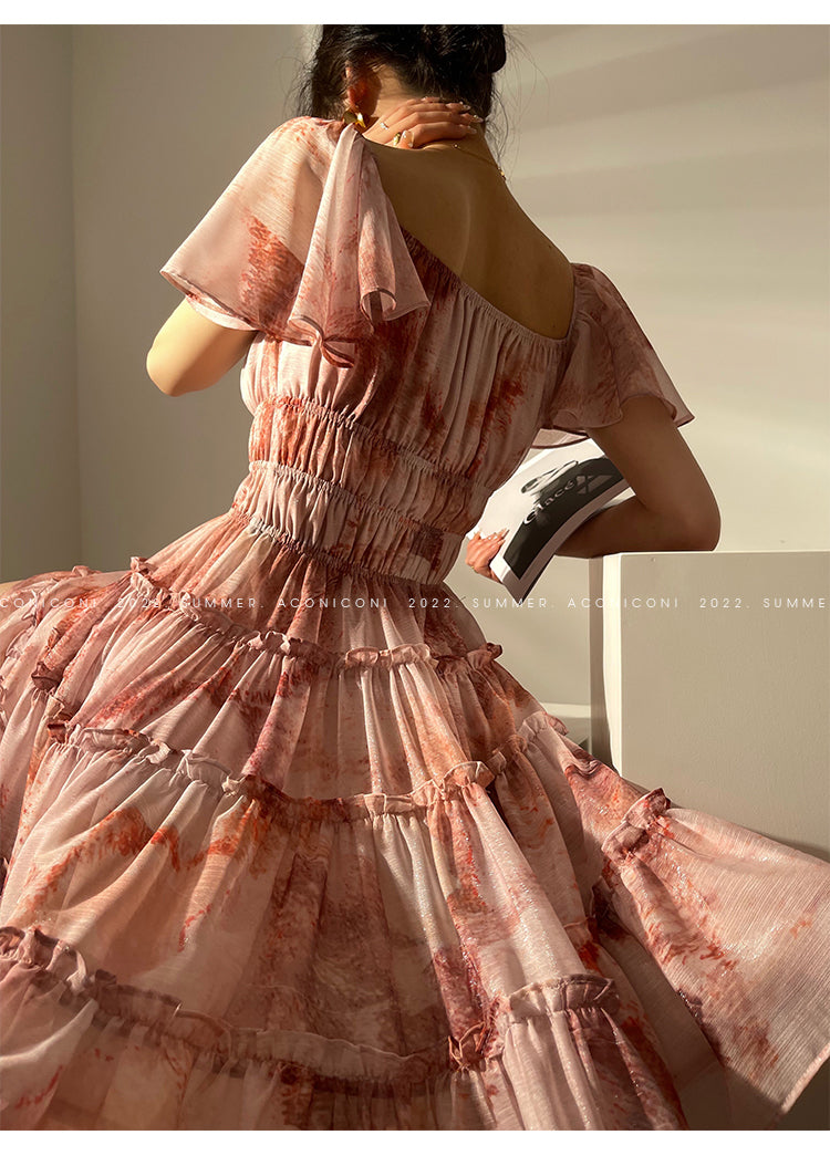 Aconiconi|Fireworks French Print High end Design flowy floral Dress - Atami