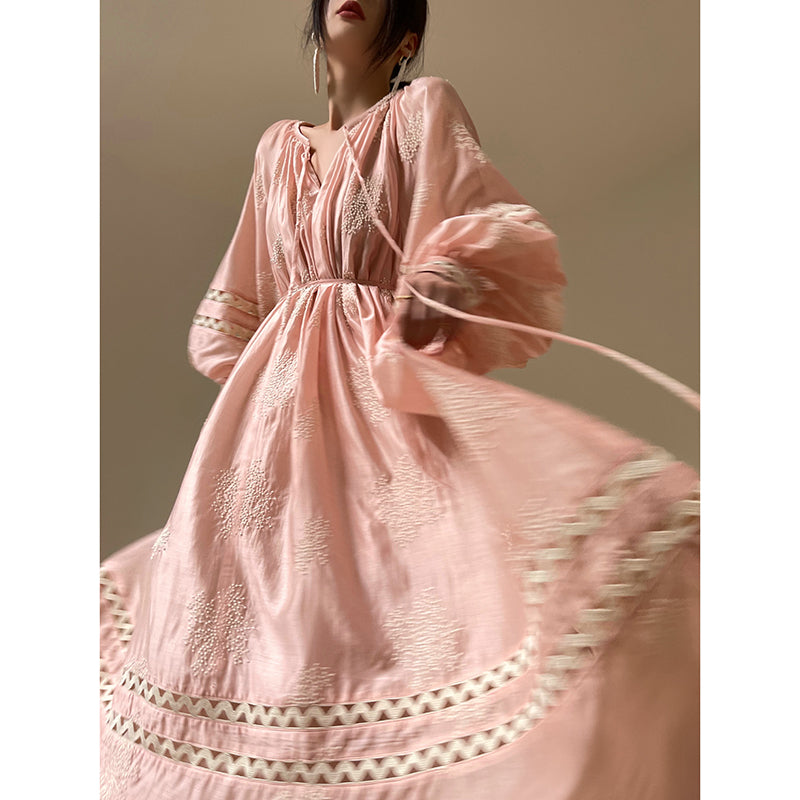 Aconiconi Light French Loose Slouchy Lace Balloon Sleeve Dress - Sunset