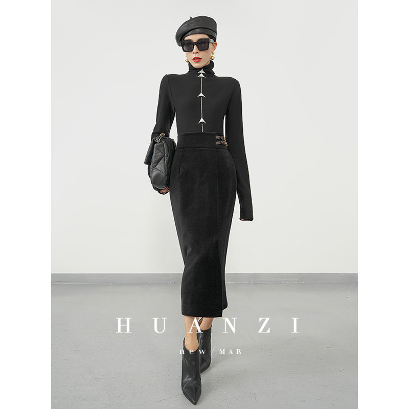 Huanzi new French velvet fashionable high waist slim and small slit skirt female- Elvin
