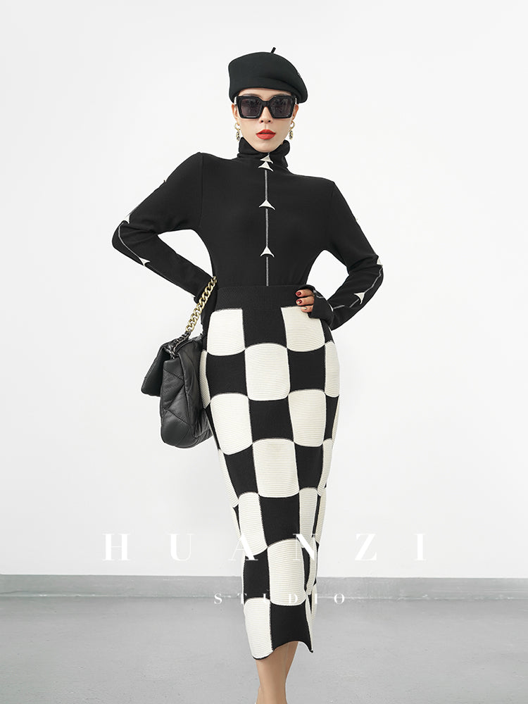 Huanzi classic black and white checkerboard high waist slim knitted fishtail skirt for women- Tiloa