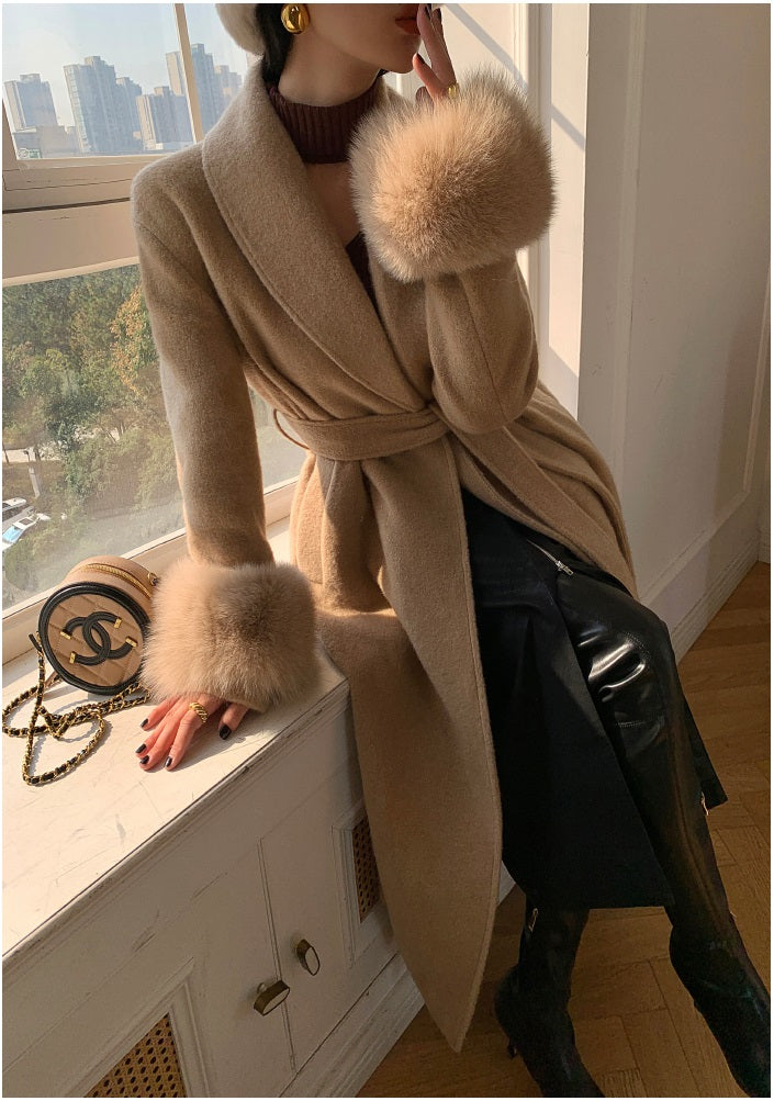 Beige WANXO vegann fur waist tie woolen coat new fashion medium and long woolen coat- Katy