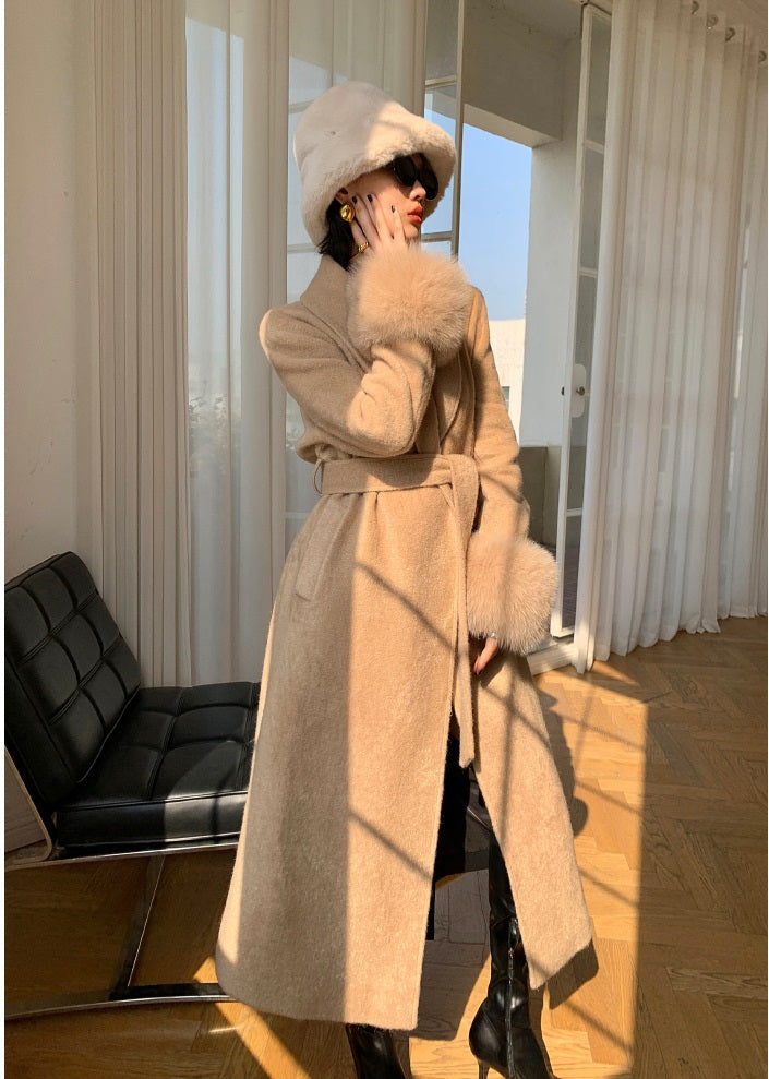 Beige WANXO vegann fur waist tie woolen coat new fashion medium and long woolen coat- Katy