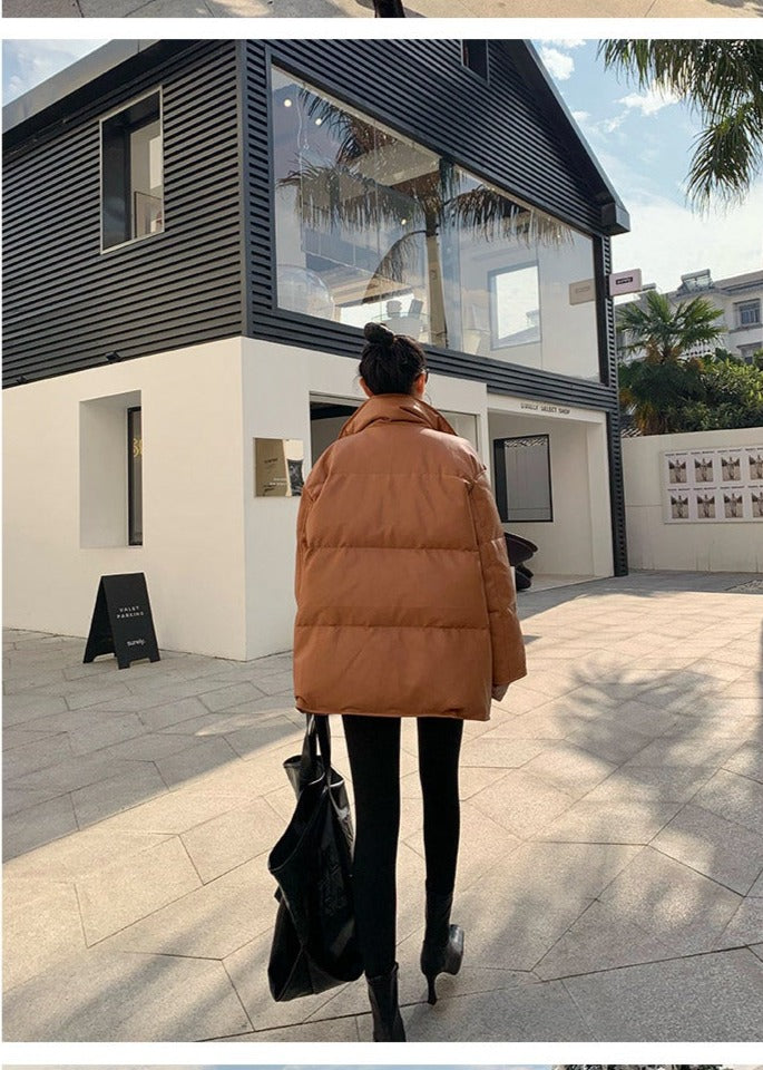 PU Leather down jacket winter 90 white duck down loose jacket - Duvi