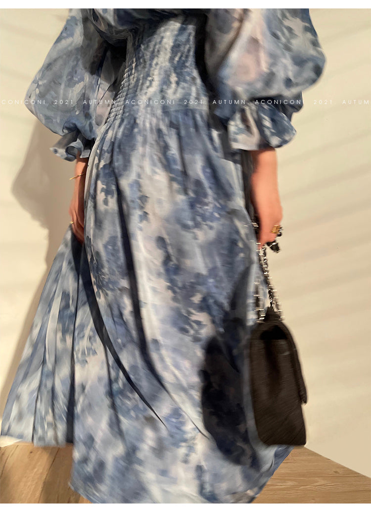 Aconiconi|French elegant blue print spring summer dress - hiju