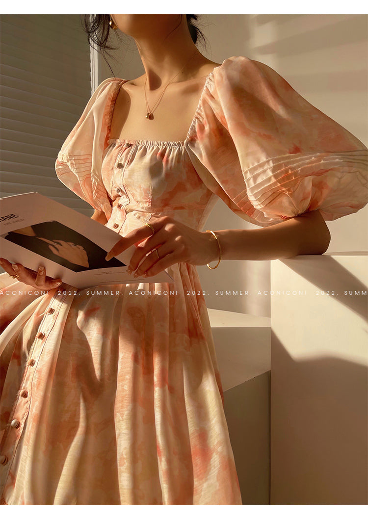 Aconiconi|Romantic elegant French puff sleeve off-shoulder high-end midi dress - Flower Moon