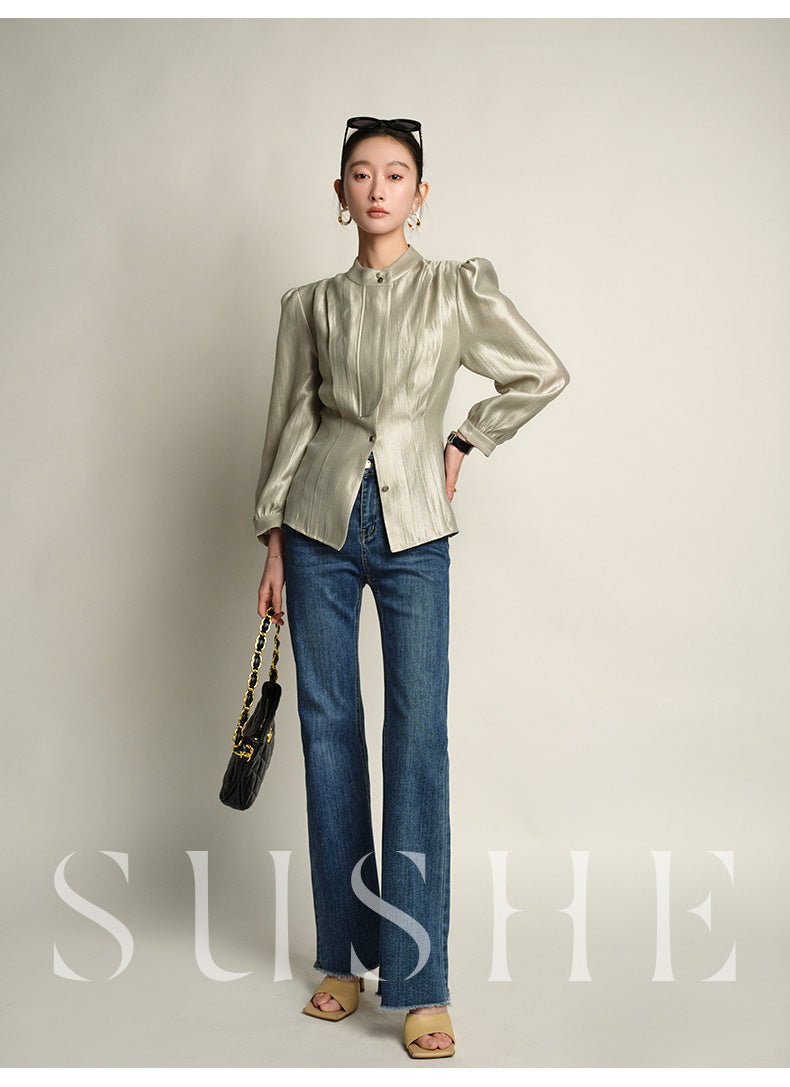 SUSHE Gold Series Retro Spring Women's 2023 Loose Stand Collar Shirt -Star