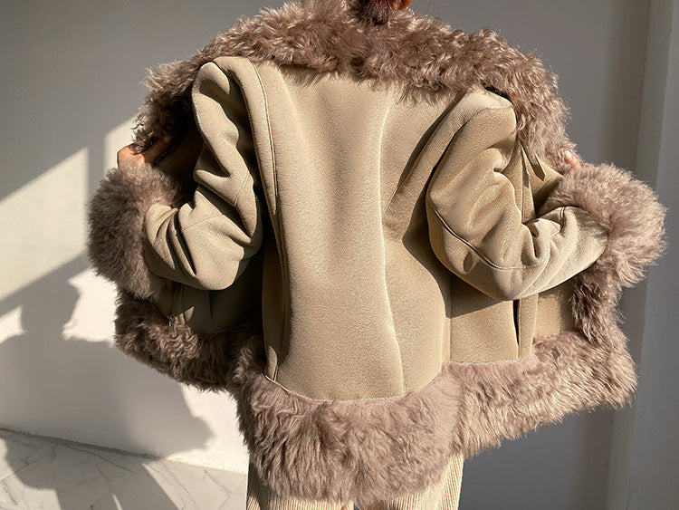 Huanzi custom craft winter fur one-piece wool lamb collar leather jacket - Sioed