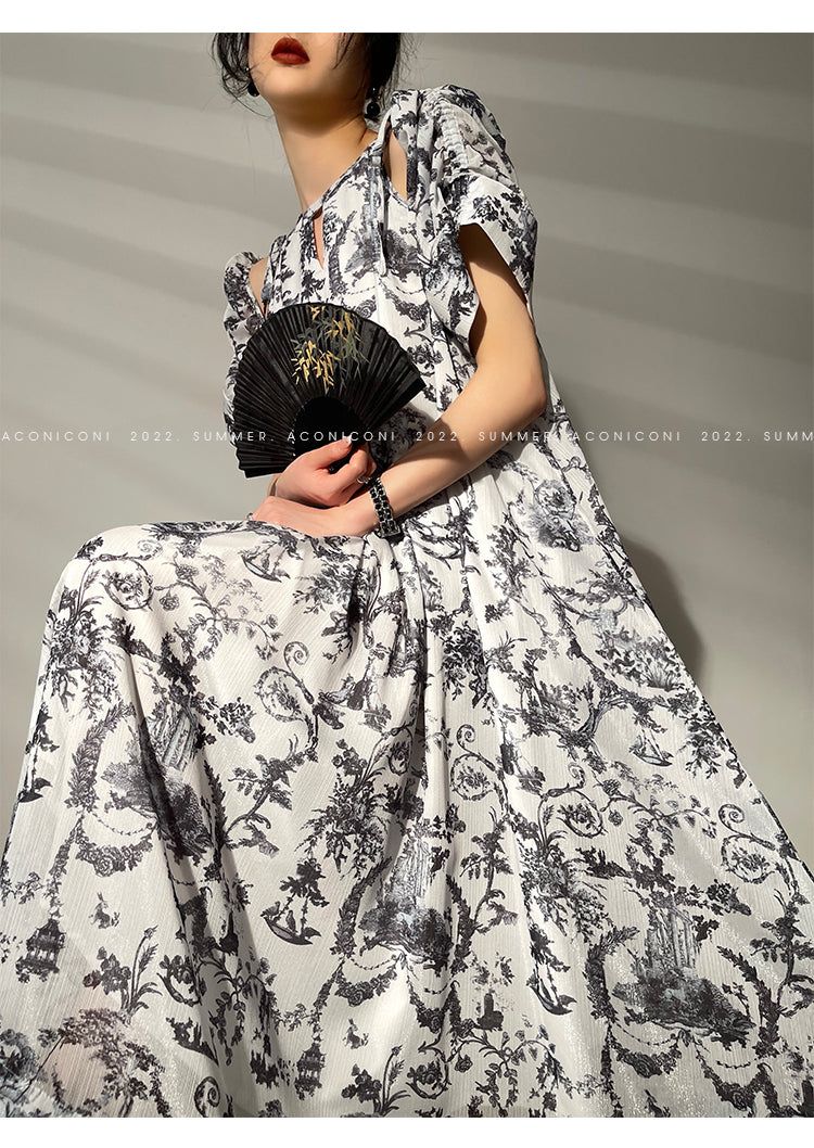 Aconiconi|Calligraphy Art Print Halter Neck Off Shoulder Long Dress - Anne Love