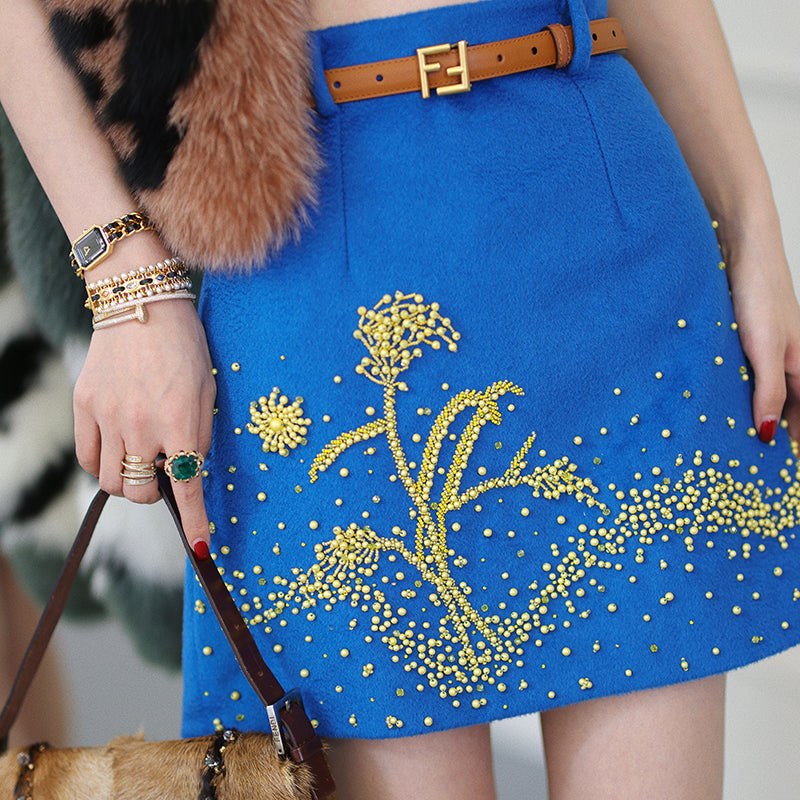 Blue autumn fall winter Wool hand-beaded yellow crystal stones top + skirt two-piece set