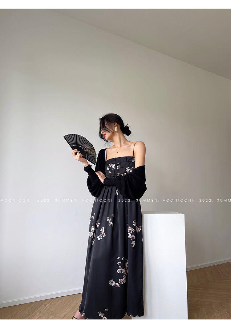 Aconiconi|Luxury French japanese retro print tube top suspender loose dress - Kimiko