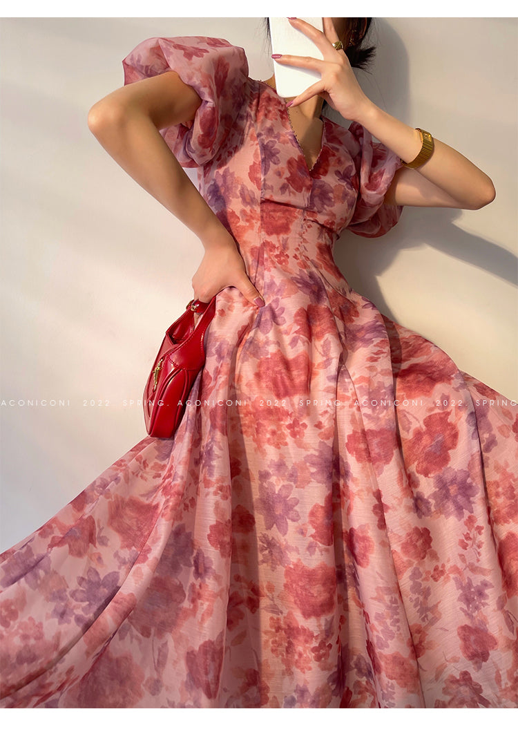 Aconiconi|Romantic French print luxury handmade haute couture beaded v-neck midi dress - Pilore