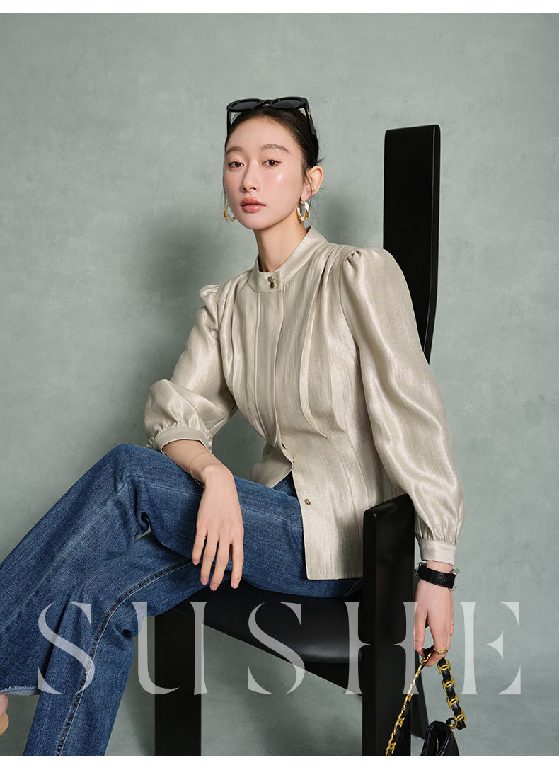 SUSHE Gold Series Retro Spring Women's 2023 Loose Stand Collar Shirt -Star