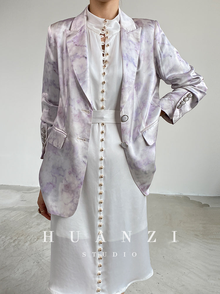 high-quality luxury triacetic tye dye satin long-sleeved short suit - libo