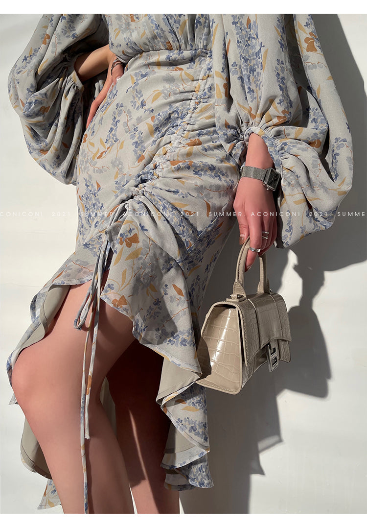 Aconiconi|high-end French tea floral printed elegant lantern sleeve midi dress - Nila