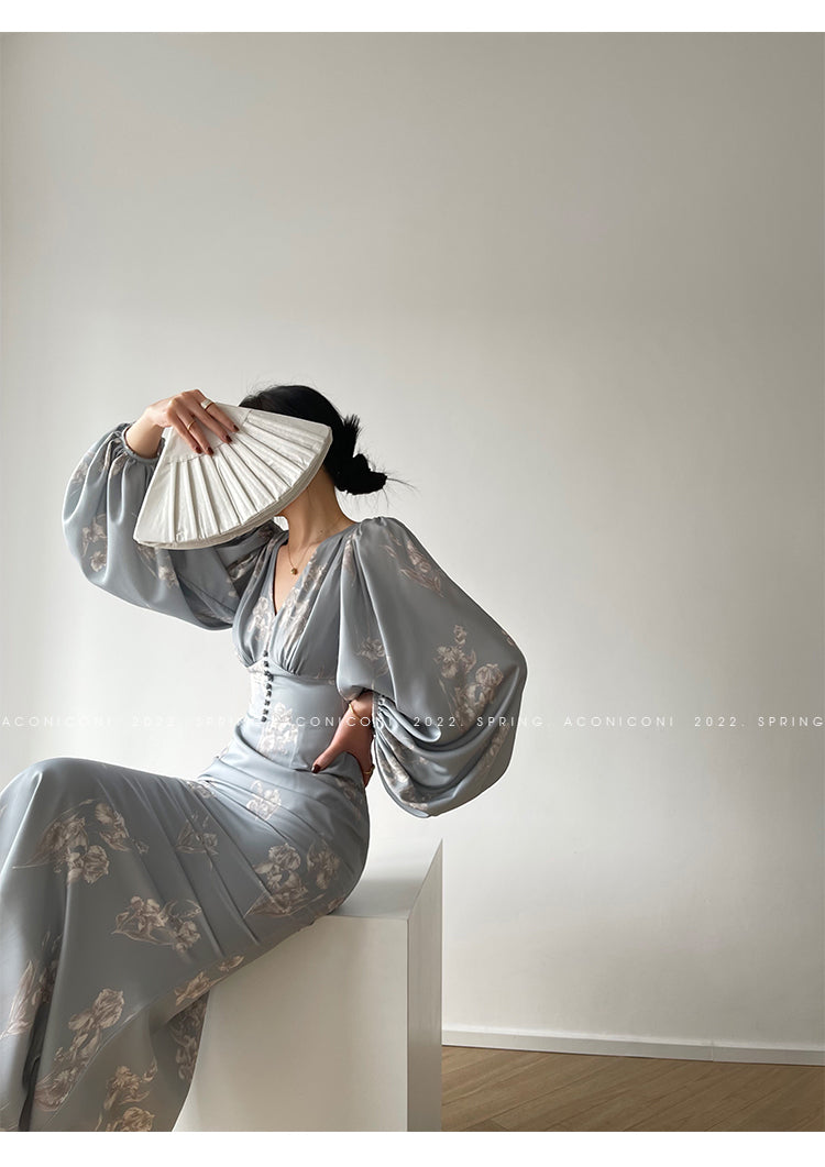 Aconiconi|kite white French elegant v-neck mid-length fishtail dress -Qingshan