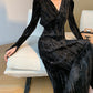 WANXO French black V-neck velvet dress new waist and slim mid-length skirt- Gulia
