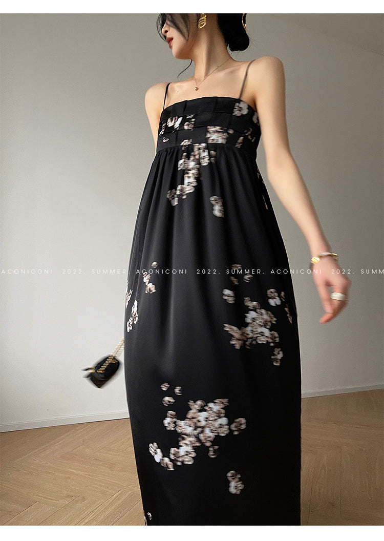 Aconiconi|Luxury French japanese retro print tube top suspender loose dress - Kimiko