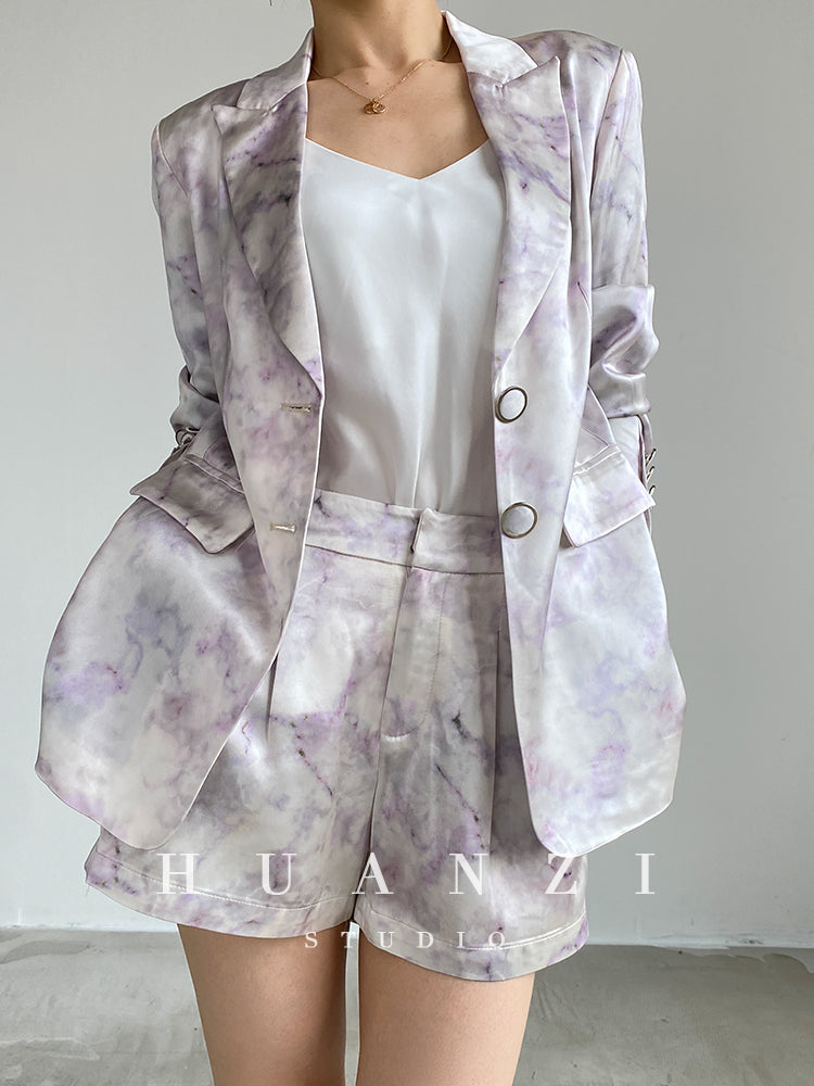 high-quality luxury triacetic tye dye satin long-sleeved short suit - libo