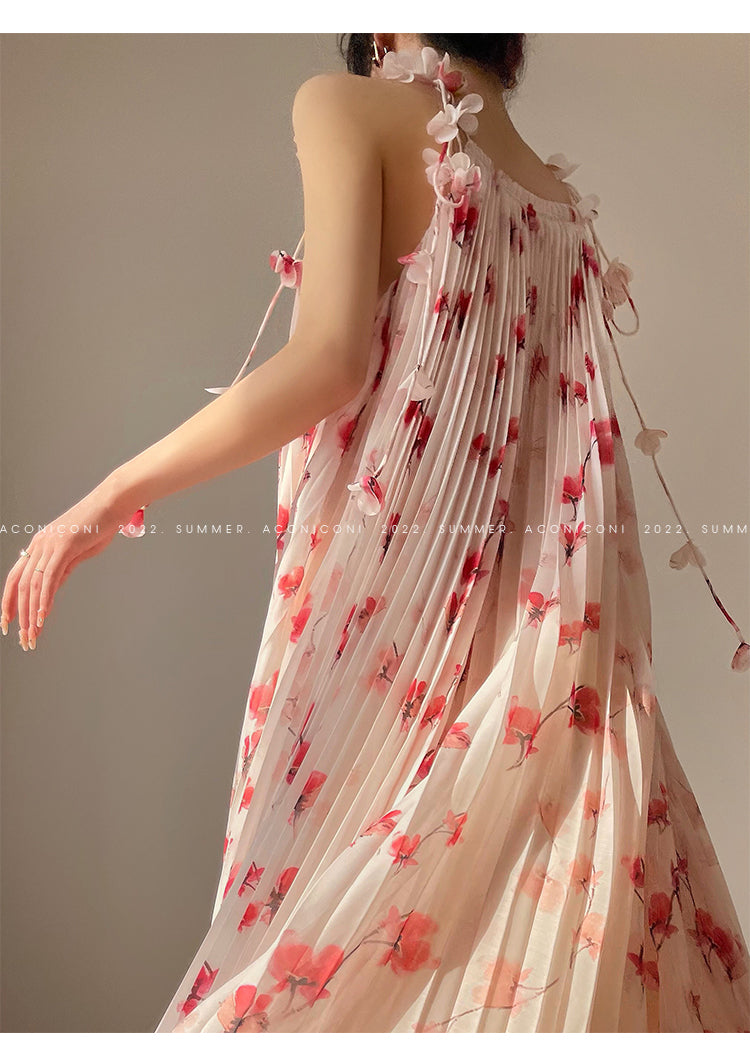 Aconiconi|Flower heavy pleated French romantic vacation style loose sling midi dress - chimes