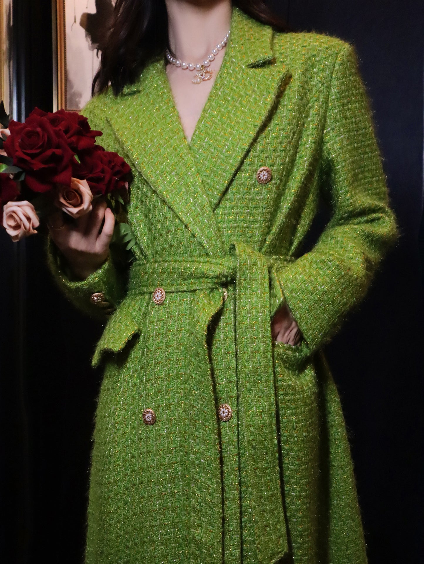 Elegant French style autumn and winter new high-end custom light luxury gold and silver silk small fragrant wind coat green fashionable woolen coat